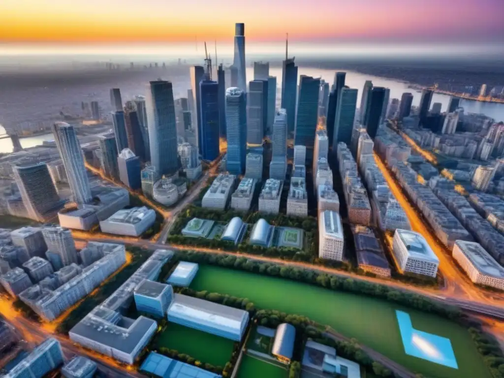 Espléndida vista aérea de una ciudad moderna al atardecer Vista aérea de una ciudad moderna al atardecer, con rascacielos, parques urbanos y calles llenas de vida