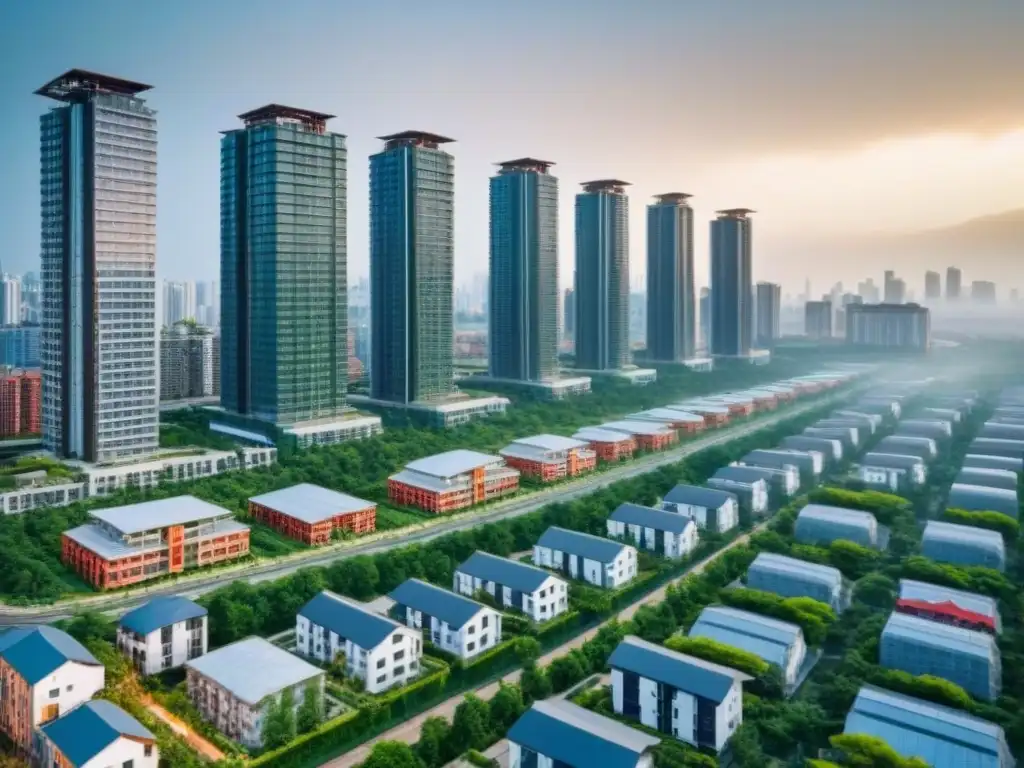 Metrópolis moderna: arquitectura innovadora y vida sostenible Vista aérea de una ciudad moderna con rascacielos, zonas verdes y construcción, reflejando la innovación arquitectónica y prácticas sostenibles