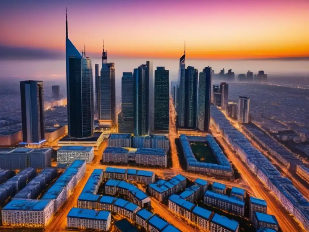 Esplendor urbano: atardecer en ciudad moderna Vista aérea de una ciudad moderna con rascacielos, calles llenas de gente y un atardecer cálido