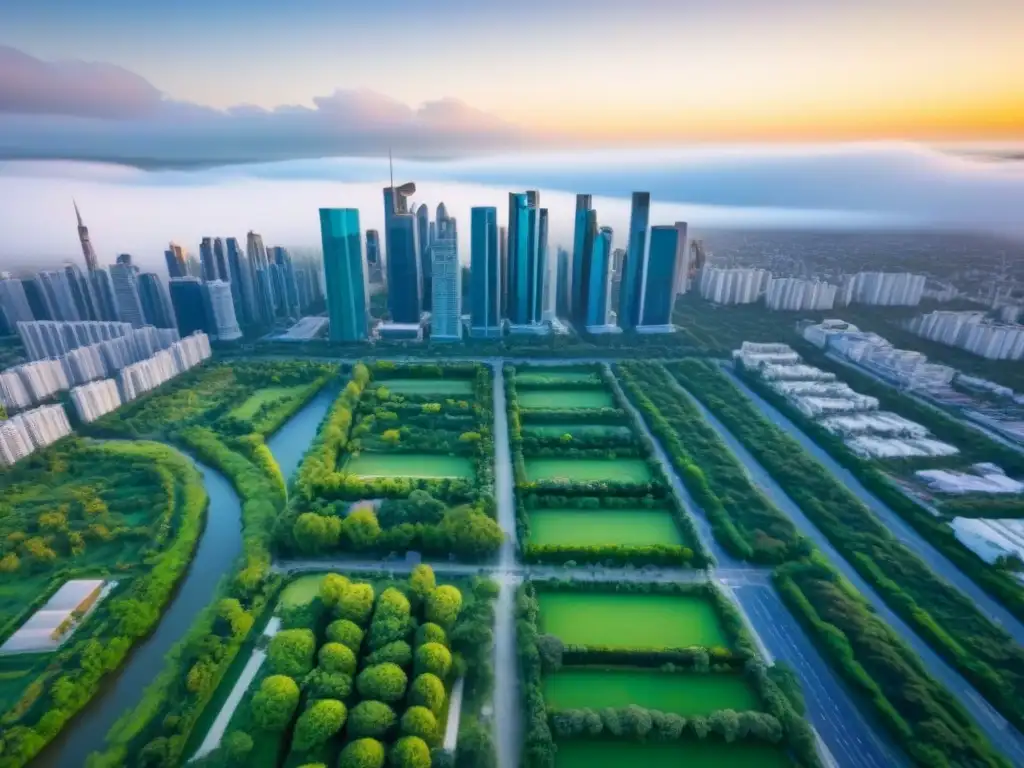 Metrópolis moderna: crecimiento urbano y oportunidades inmobiliarias Vista aérea de una ciudad moderna rodeada de parques verdes, simbolizando mercados inmobiliarios emergentes, política e inversores