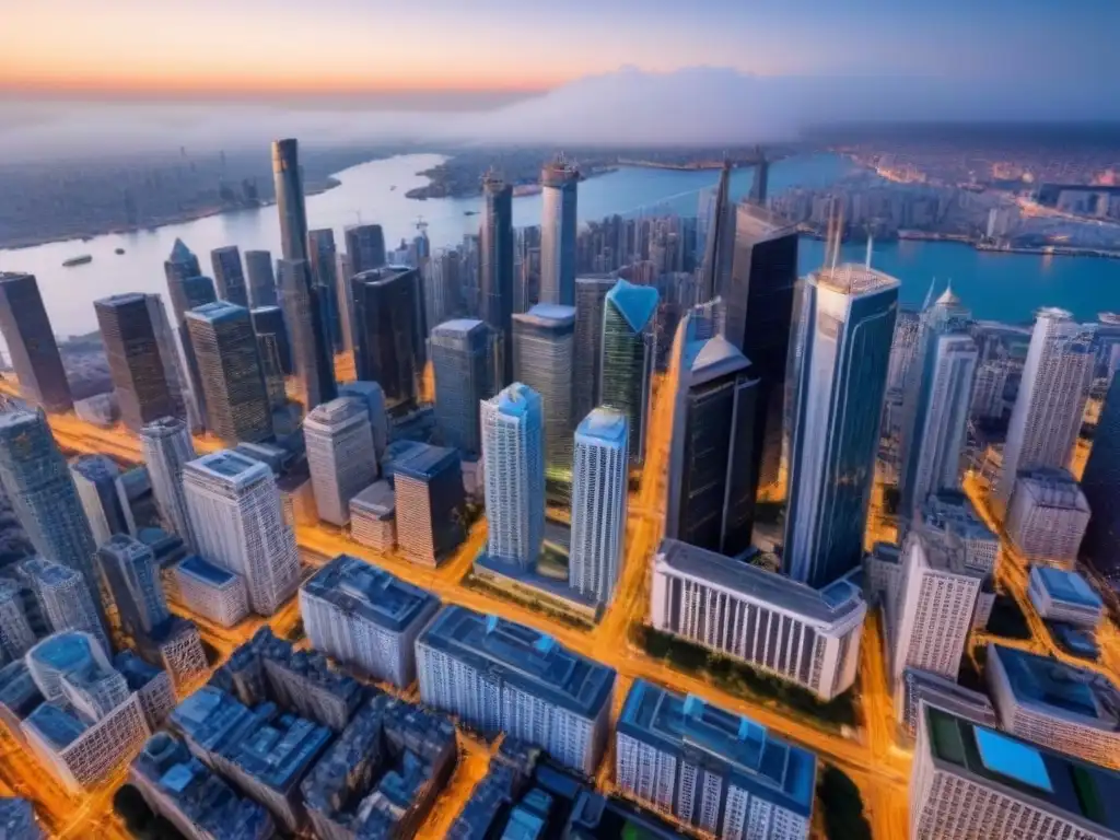 Oportunidades de inversión en ciudad global al anochecer Vista aérea de una ciudad moderna y vibrante al atardecer, iluminada por el resplandor cálido de las luces urbanas