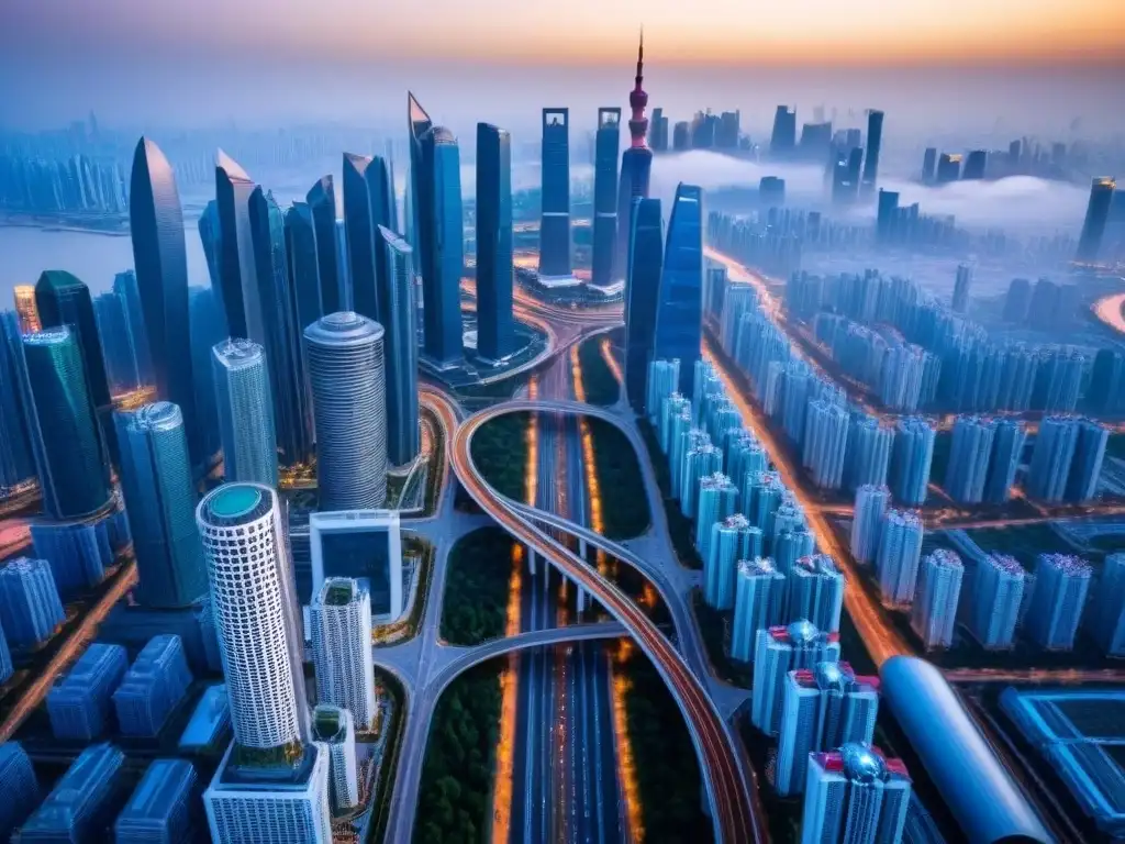 Metrópolis cosmopolita en la Ruta de la Seda: inversión inmobiliaria internacional Vista aérea de una ciudad moderna en la Franja y la Ruta con inversiones inmobiliarias internacionales