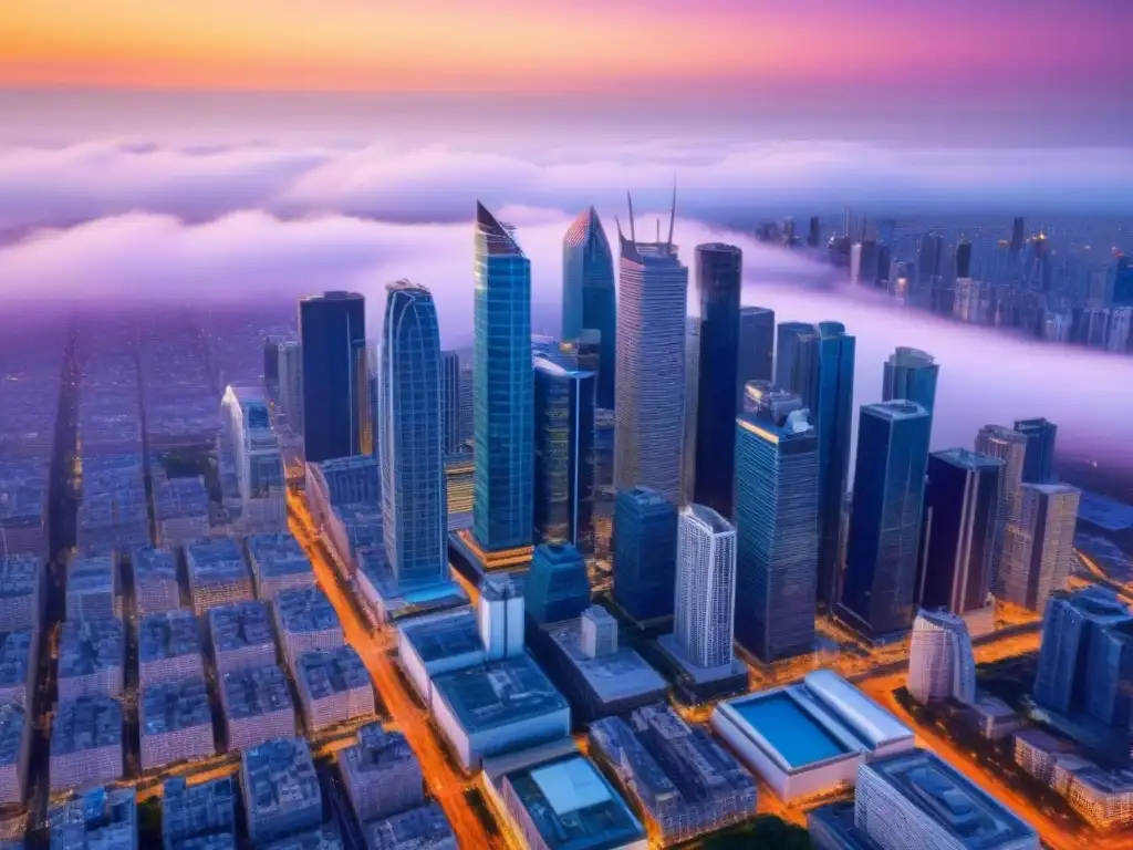 Inversión inteligente: skyline moderno al atardecer Vista aérea de una ciudad moderna al atardecer, con rascacielos, calles animadas y luces vibrantes, simbolizando la planificación familiar inversión inmobiliaria
