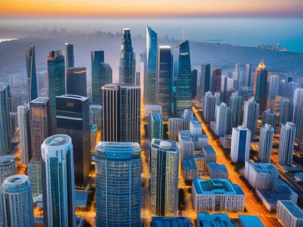 Metrópolis vibrante: atractivo mercado inmobiliario Vista aérea de una ciudad moderna con rascacielos, calles vibrantes y gente, ideal para inversiones inmobiliarias internacionales rentables