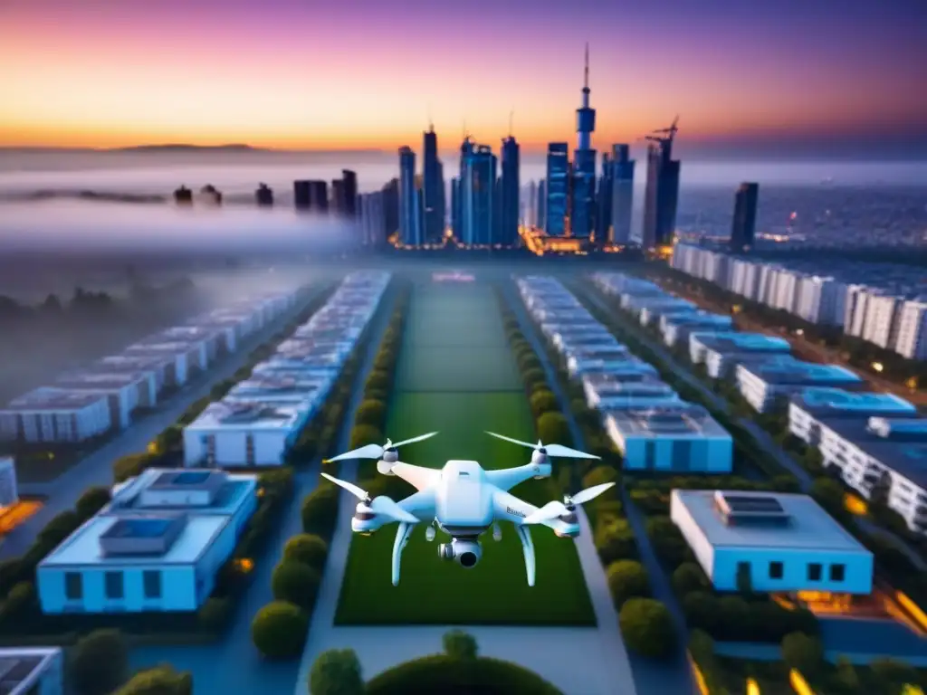 Drones capturan atardecer en ciudad futurista Vista aérea de una ciudad moderna al atardecer con drones capturando propiedades
