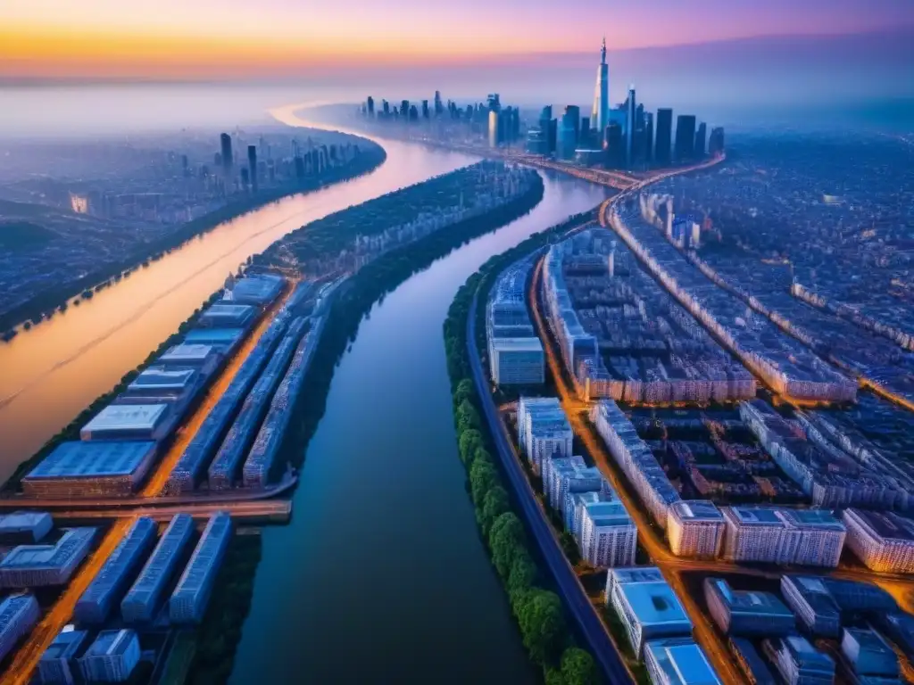 Horizonte urbano al atardecer: inversión inmobiliaria global en auge Vista aérea de una ciudad moderna al atardecer, con rascacielos, autopistas y un río