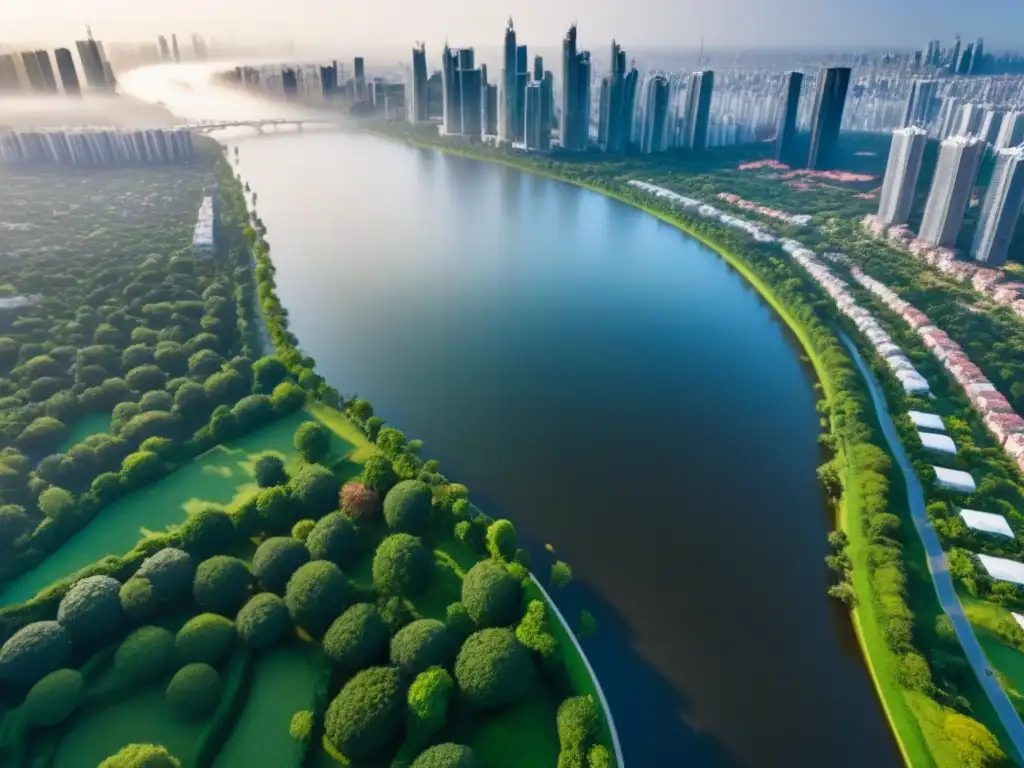 Metrópolis moderna: lujo y prosperidad en la arquitectura urbana Vista aérea de una ciudad moderna con rascacielos brillantes, parques verdes y río, ideal para invertir en las mejores ciudades para invertir