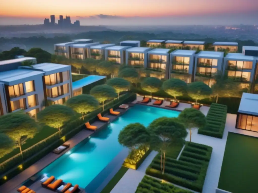 Exclusivo oasis urbano: lujo y comunidad en alquileres premium Vista aérea de una ciudad moderna con edificios residenciales rodeados de vegetación, gente disfrutando de amenidades