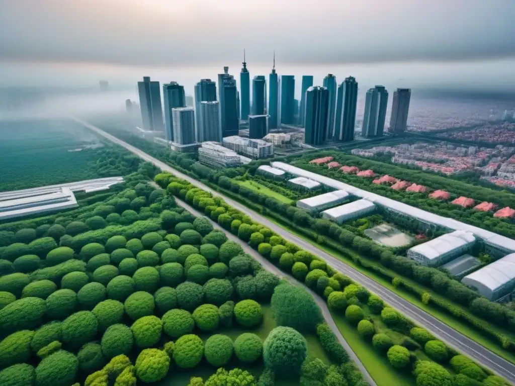 Vibrante ciudad moderna: arquitectura y política urbana Vista aérea de ciudad moderna con rascacielos y edificios residenciales, reflejando la política local en revitalización inmobiliaria