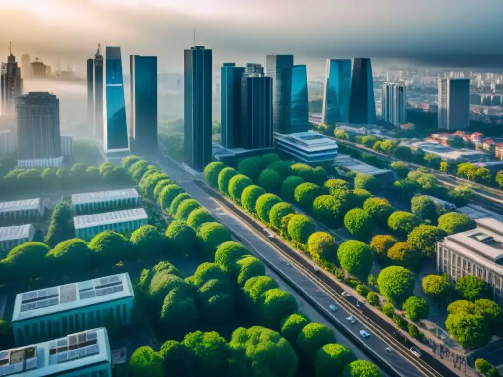 Metrópolis vibrante: oportunidades de inversión inmobiliaria en un mundo postcrisis Vista aérea de una ciudad moderna con rascacielos, parques verdes y ajetreo urbano