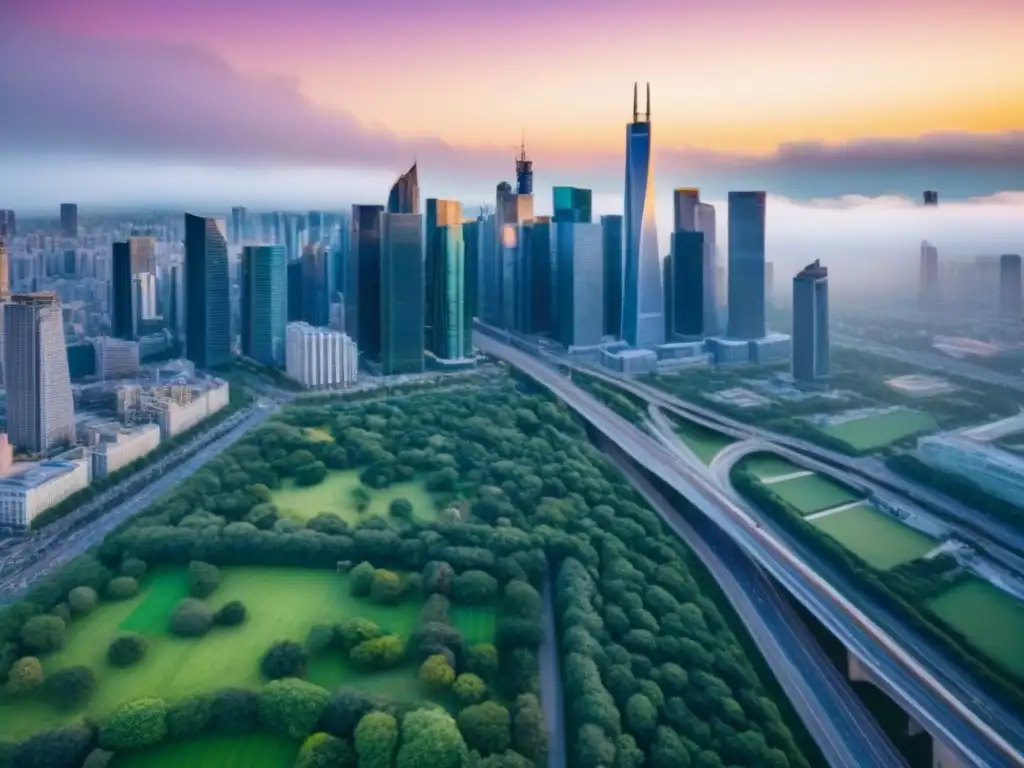 Skyline urbano: desarrollo y prosperidad postcrisis Vista aérea de una ciudad moderna con rascacielos, espacios verdes y calles vibrantes, ideal para invertir inmobiliario