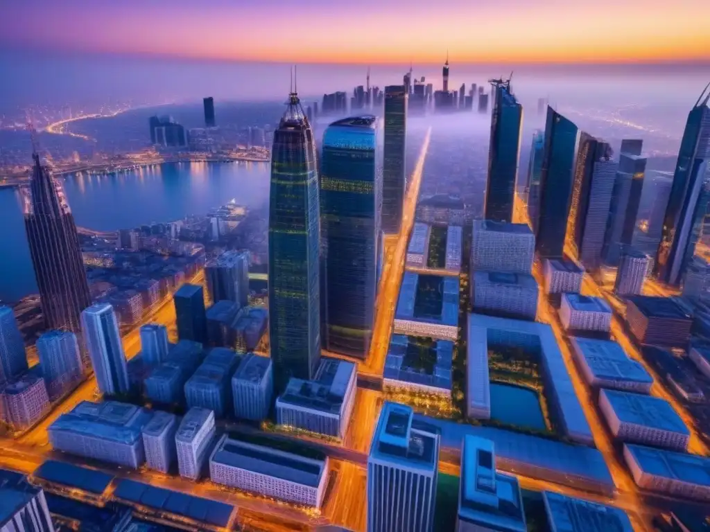 Metrópolis moderna al anochecer: oportunidades inmobiliarias postcrisis Vista aérea de ciudad moderna al anochecer con rascacielos iluminados y calles llenas de vida