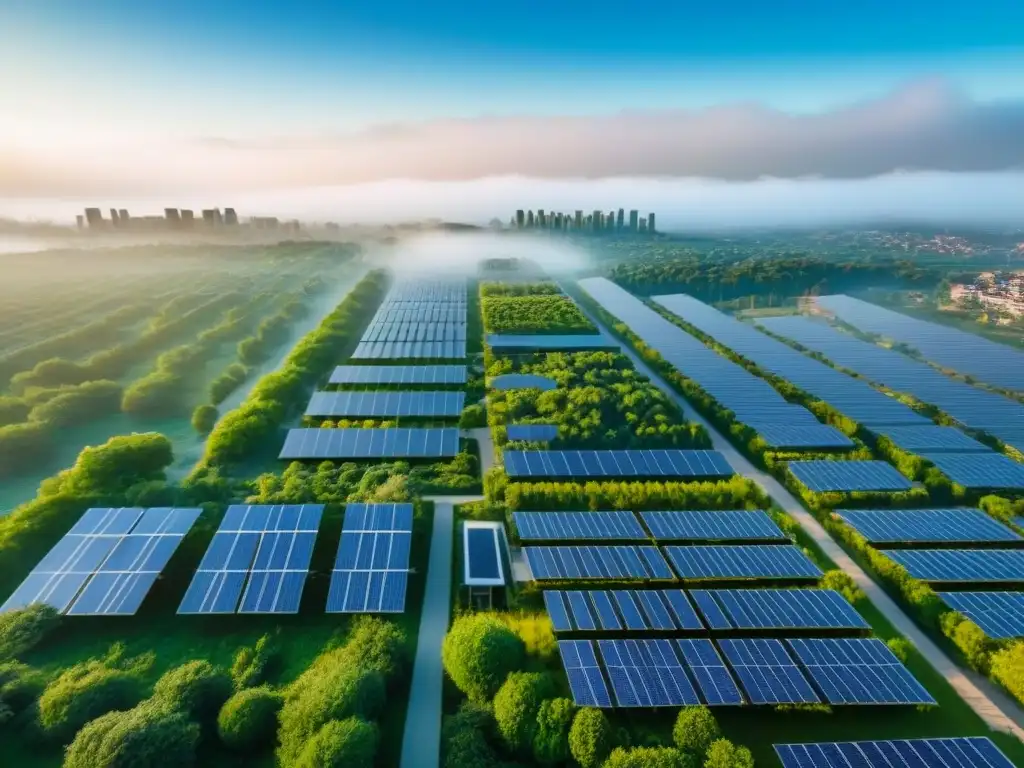Metrópolis sostenible: armonía urbana y natural Vista aérea de una ciudad moderna sostenible con edificios verdes, paneles solares brillantes y naturaleza exuberante, bajo cielos azules