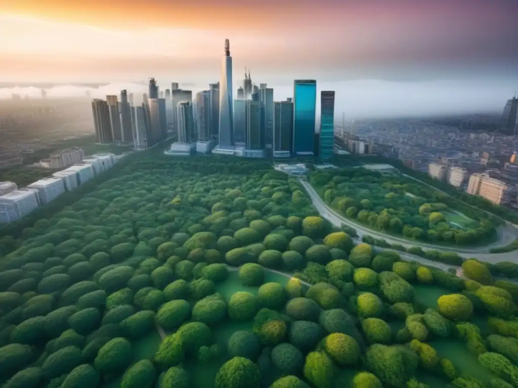 Skyline moderno: inversión inmobiliaria y planificación urbana innovadora Vista aérea de ciudad moderna con rascacielos y espacios verdes, reflejando oportunidades inversión inmobiliaria regulaciones fiscales