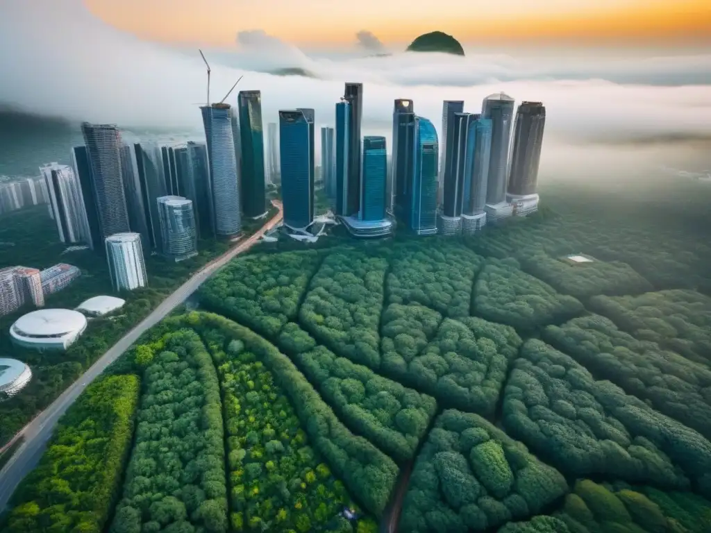 Metrópolis moderna entre naturaleza: arquitectura sostenible Vista aérea de una ciudad moderna entre naturaleza, destaca la importancia de normativas ambientales en la gestión de propiedades internacionales