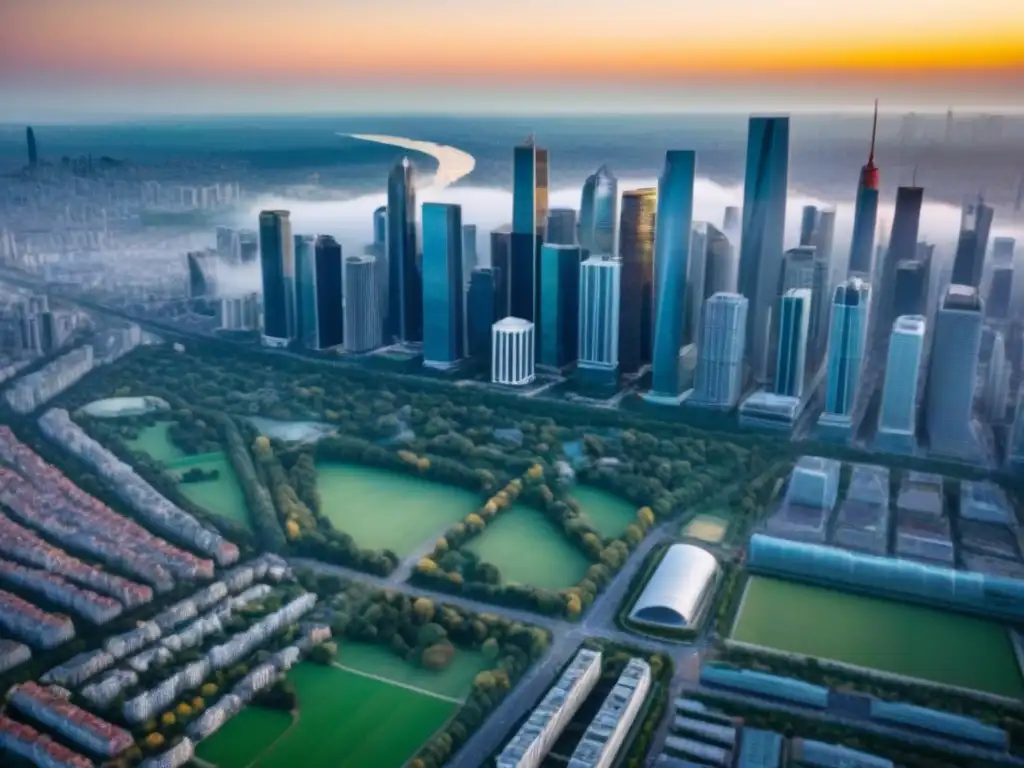 Skyline urbano moderno y próspero: oportunidades inmobiliarias globales Vista aérea de ciudad moderna con rascacielos, espacios verdes y calles concurridas
