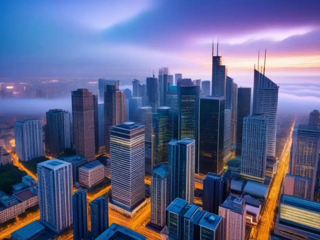 Metrópolis vibrante: atardecer en la ciudad moderna Vista aérea de una ciudad moderna al anochecer, con rascacielos iluminados, reflejando la energía de un mercado inmobiliario internacional ético