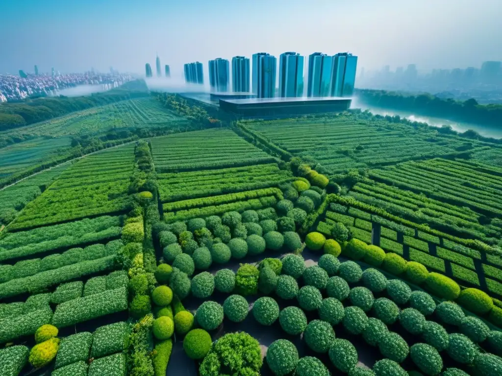 Arquitectura verde: edificio LEED en ciudad sostenible Vista aérea de ciudad moderna con arquitectura verde innovadora, rodeada de naturaleza y cielo azul