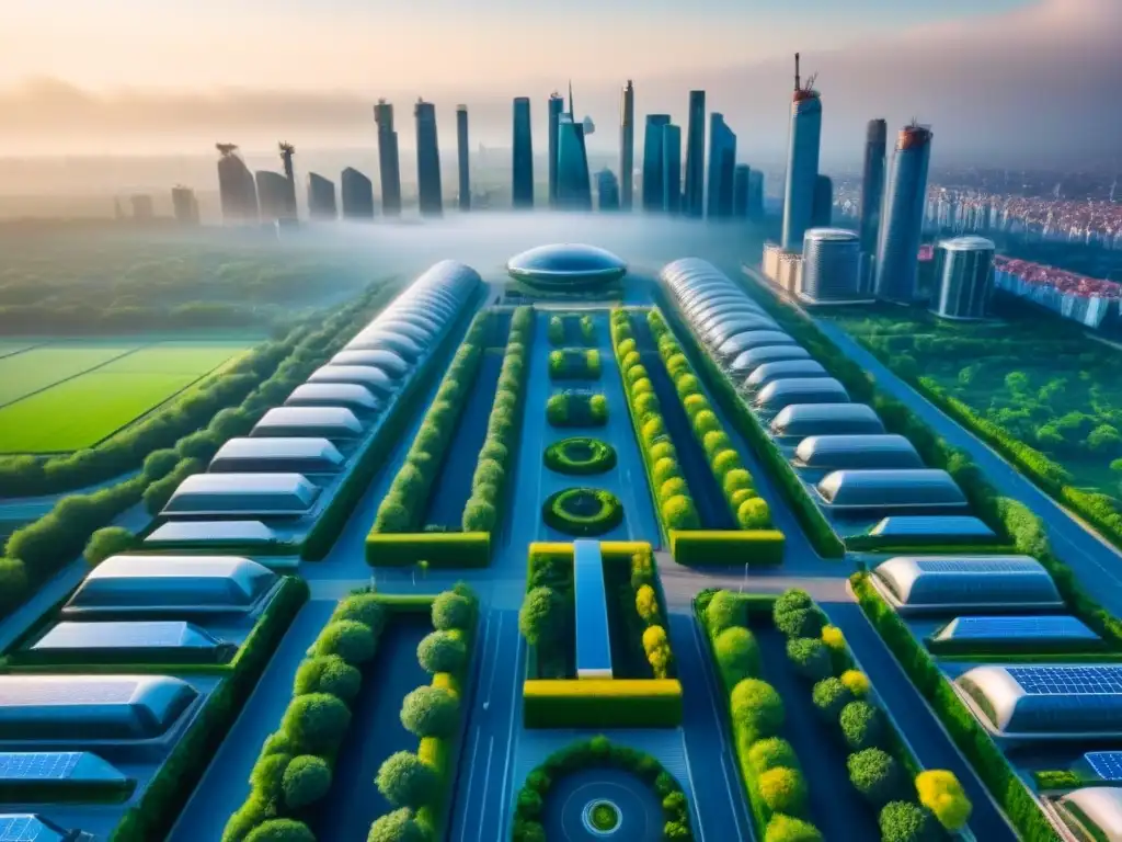 Metrópolis eco-sostenible: armonía urbana verde Vista aérea de una ciudad moderna con rascacielos ecológicos cumpliendo normativas ambientales desarrollo urbano global