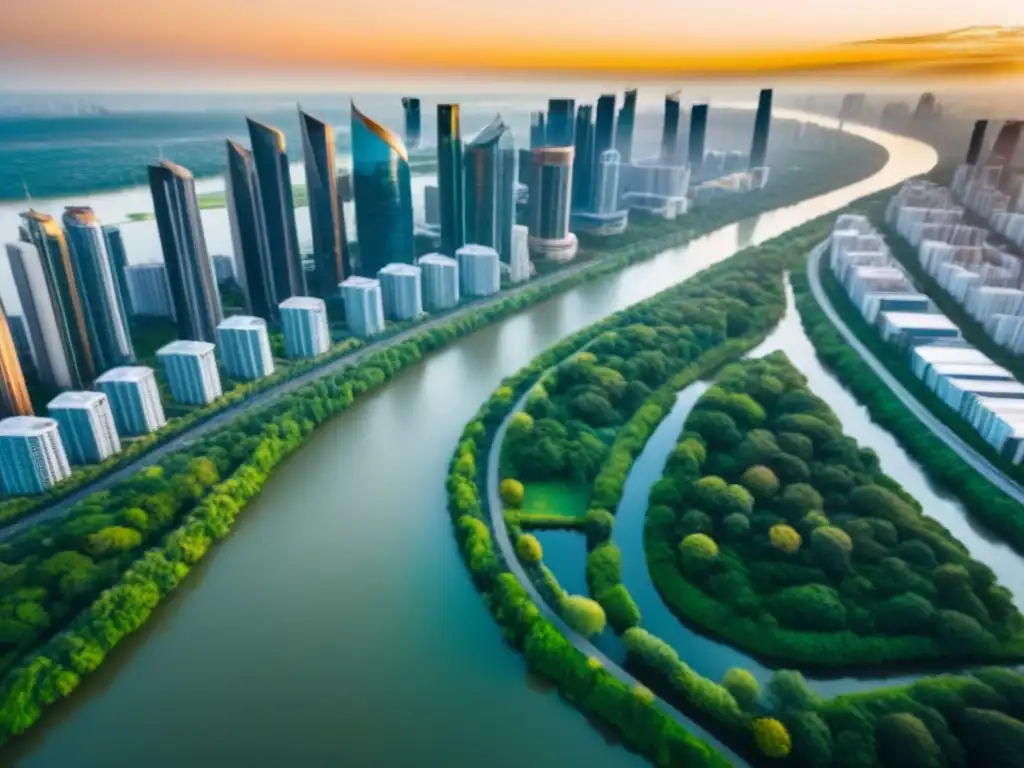 Horizonte urbano moderno en armonía natural: seguro y estable Vista aérea de una ciudad moderna entre naturaleza exuberante, ríos serpenteantes al atardecer