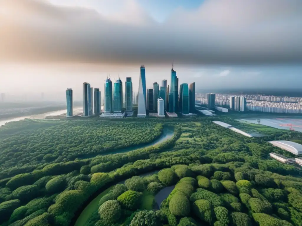 Metrópolis moderna entre naturaleza exuberante: armonía urbana y natural Vista aérea de una ciudad moderna con rascacielos entre vegetación exuberante, reflejando la fusión entre lo urbano y lo natural