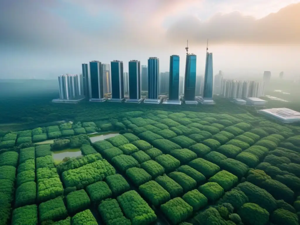 Armonía urbana: naturaleza resiliente en áreas de riesgo Vista aérea de ciudad moderna, edificios verdes en zonas riesgo