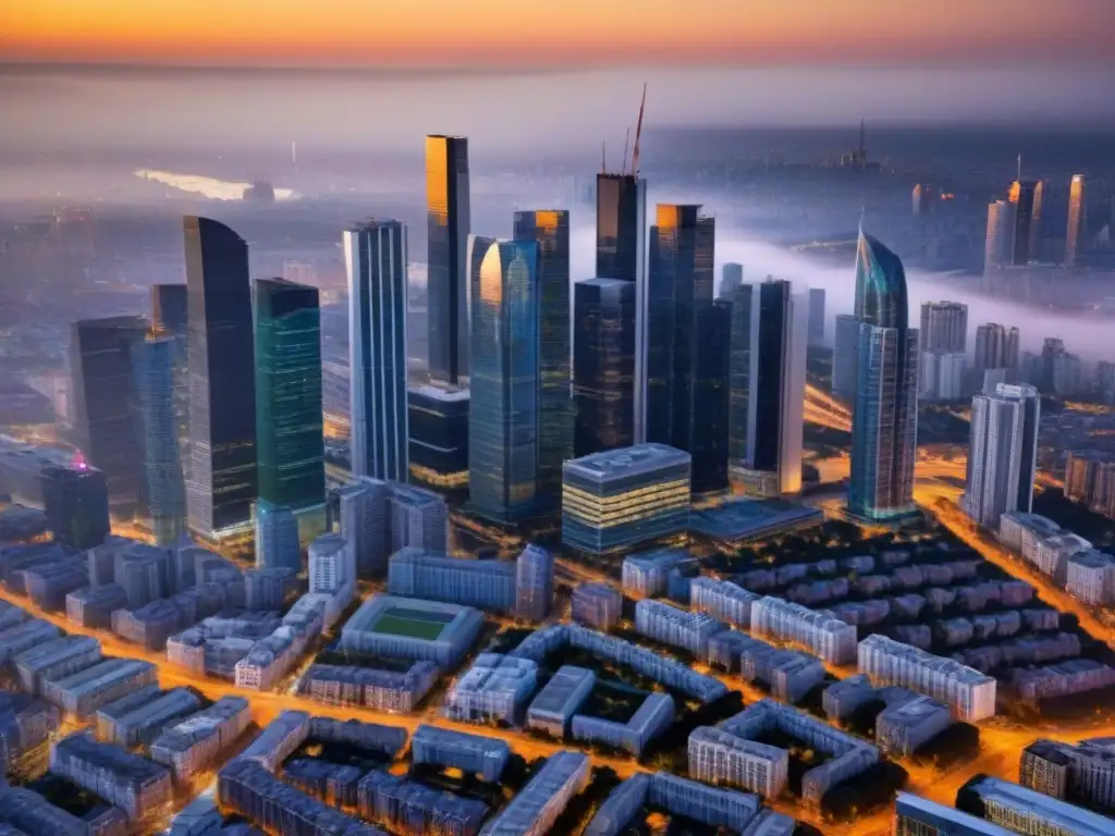 Metrópolis dorada: oportunidades de inversión inmobiliaria global Vista aérea de una ciudad moderna con rascacielos y calles animadas