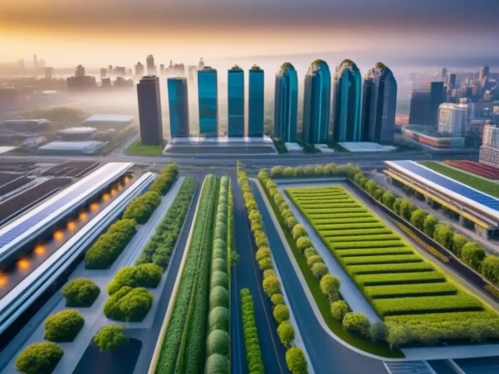 Cityscape eco-sostenible: certificaciones LEED y BREEAM al atardecer Vista aérea de una ciudad moderna con edificios ecofriendly y certificaciones ambientales en el mercado inmobiliario