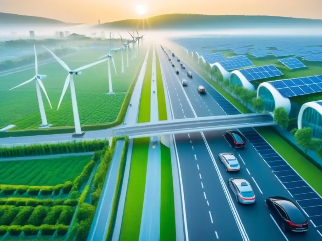 Ciudad sostenible: arquitectura verde y tecnología limpia Vista aérea de una ciudad moderna sostenible con edificios verdes, paneles solares, molinos eólicos y autos eléctricos en las calles