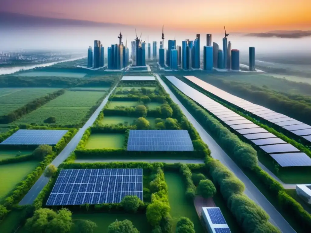 Skyline moderno y sostenible: futuro de la construcción modular Vista aérea de ciudad moderna con construcción modular, energía renovable y vegetación