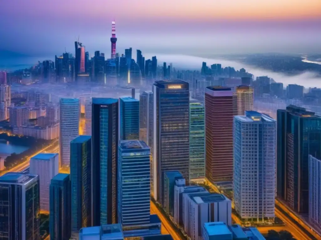 Cityscape sostenible: luces LED y arquitectura LEED en contraste Vista aérea de ciudad moderna al atardecer, con rascacielos sostenibles iluminados