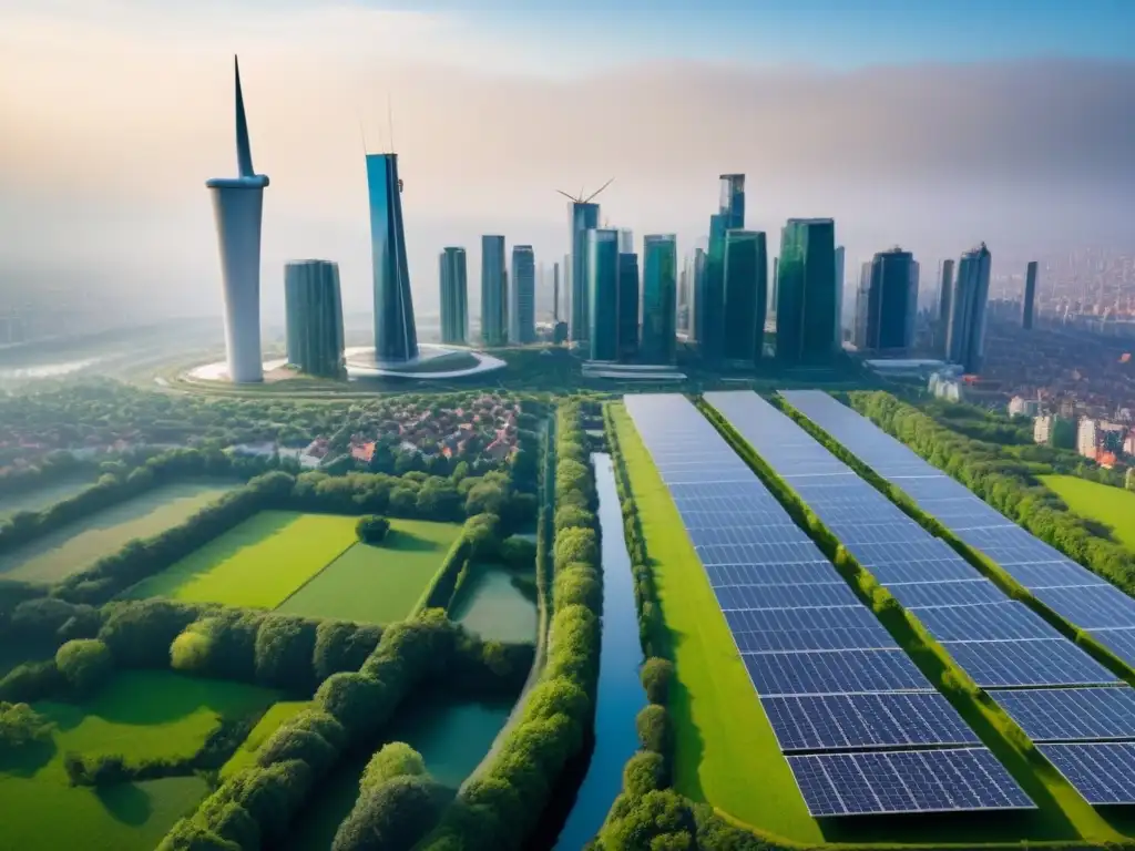 Cityscape eco-sostenible: arquitectura verde y tecnología Vista aérea de ciudad moderna con edificios verdes y energía renovable