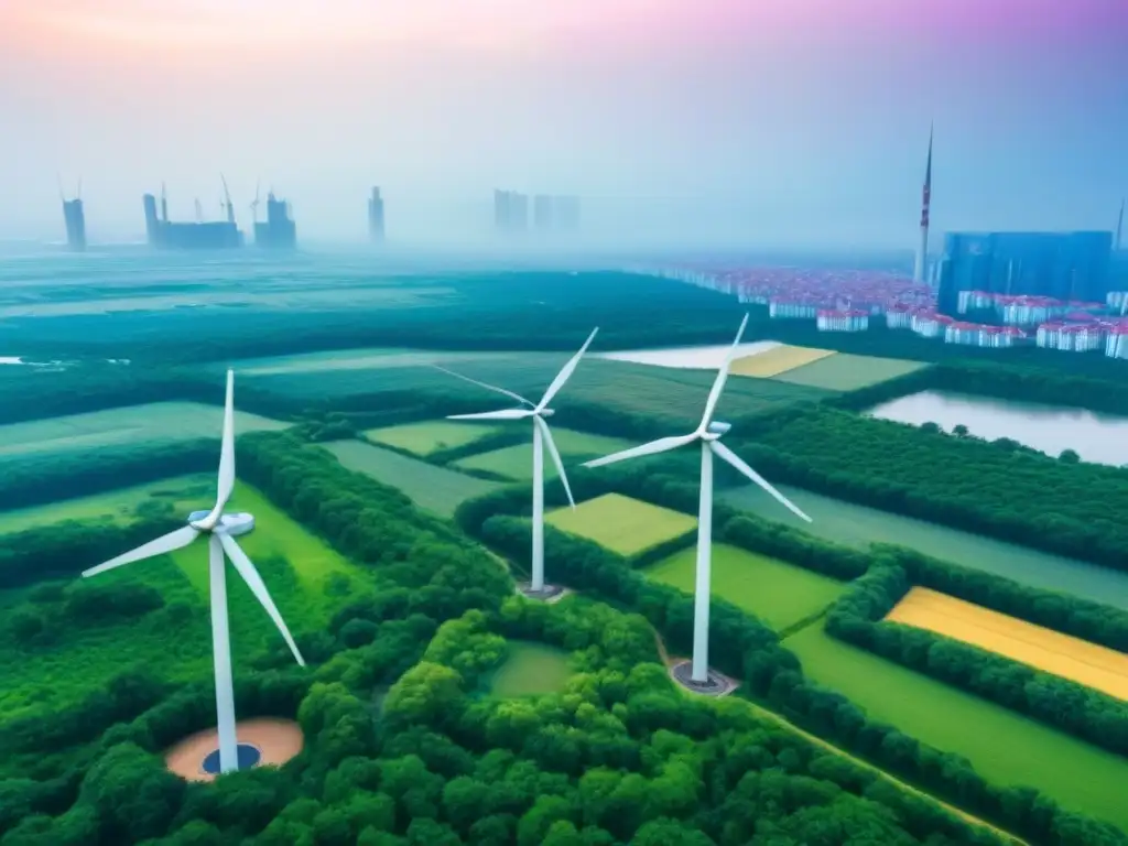 Horizonte sostenible en Europa del Este: ciudades futuristas y energía renovable Vista aérea de una ciudad moderna en Europa del Este con rascacielos y energías renovables