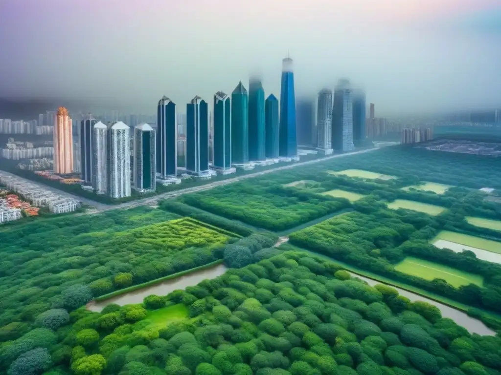 Espléndido paisaje urbano: armonía entre modernidad y naturaleza Vista aérea de una ciudad moderna en armonía con la naturaleza, reflejando políticas de zonificación e inversión inmobiliaria