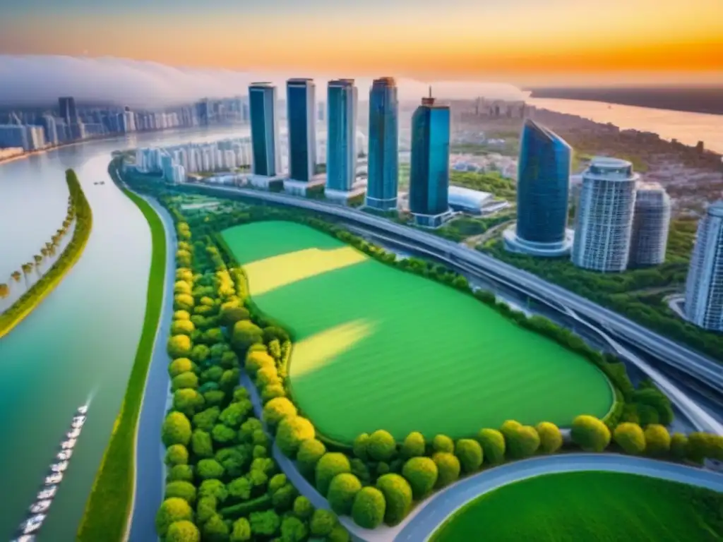 Horizonte urbano al atardecer: inversión inmobiliaria en áreas emergentes Vista aérea de ciudad moderna con rascacielos y áreas verdes, en atardecer cálido