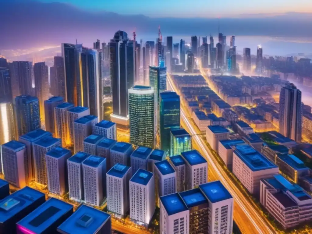 Metrópolis nocturna: luces neón y modernidad en ciudad vibrante Vista aérea de ciudad nocturna con rascacielos iluminados por luces neón, reflejo de fusión exitosa en economías crecimiento