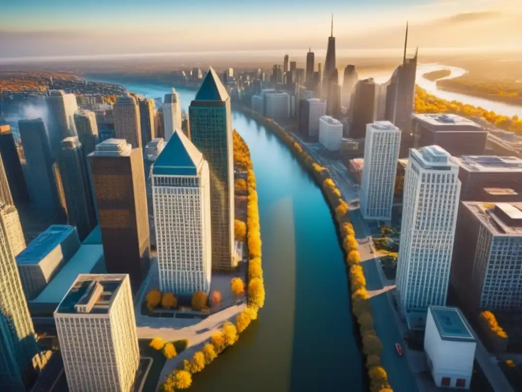 Skyline vibrante: arquitectura moderna y tradicional en América del Norte Vista aérea de una ciudad en América del Norte, con rascacielos modernos y edificios históricos