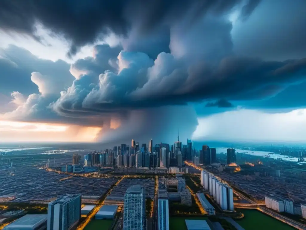 Tormenta económica: skyline moderno bajo nubes oscuras Vista aérea de ciudad con nubes tormentosas, simbolizando impacto crisis económicas hipotecas internacionales