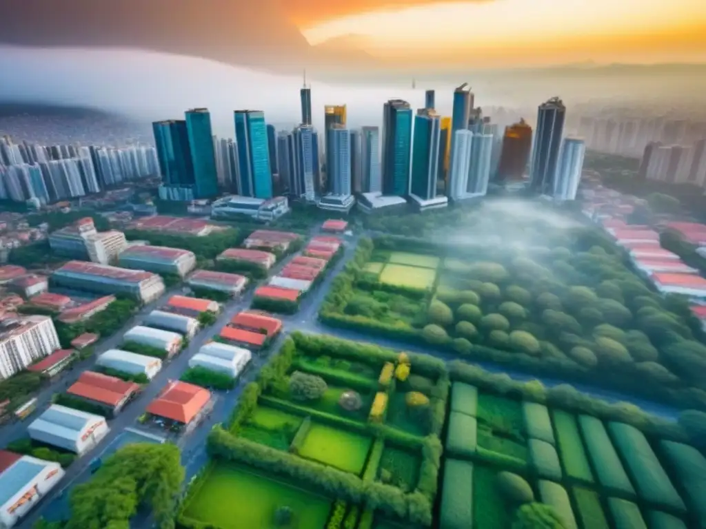 Contraste urbano: ciudades en crecimiento en países emergentes Vista aérea de una ciudad en un país en desarrollo con rascacielos modernos y edificios tradicionales, rodeada de vegetación exuberante y bulliciosos mercados callejeros