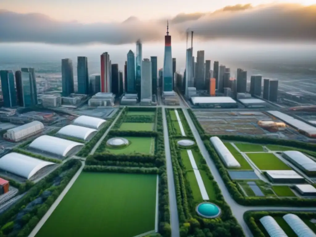 Renovación urbana: paisaje postindustrial transformado Vista aérea de una ciudad postindustrial reurbanizada con rascacielos modernos, espacios verdes y edificios industriales reutilizados, simbolizando la evolución y potencial de las inversiones inmobiliarias en ciudades postindustriales