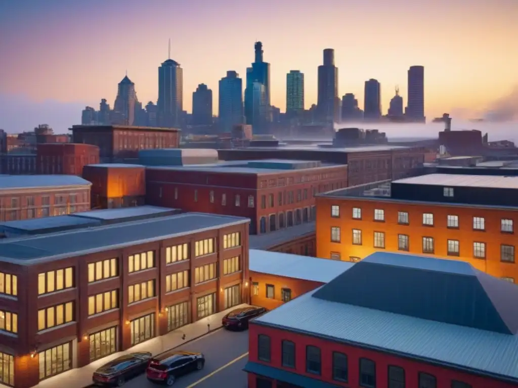 Espléndida transformación de fábricas en lofts de lujo al atardecer Vista aérea atardecer en ciudad postindustrial