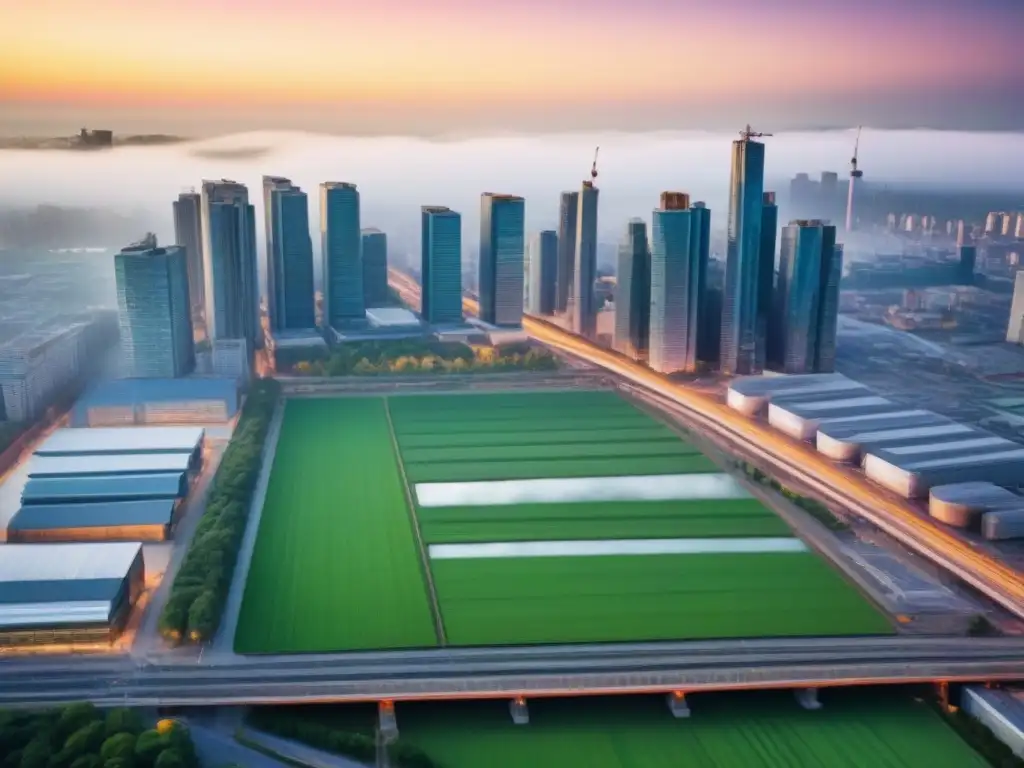 Renovación urbana: ciudad posindustrial en alta resolución Vista aérea de ciudad postindustrial renovada y moderna, con cranes y gente activa