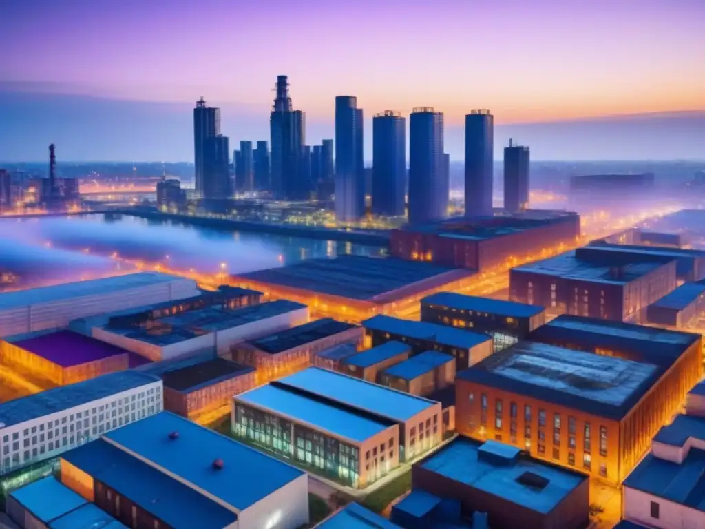 Transformación urbana: luces y sombras en la ciudad posindustrial Vista aérea de ciudad postindustrial al anochecer, con rascacielos modernos y antiguas fábricas, reflejando la transformación urbana