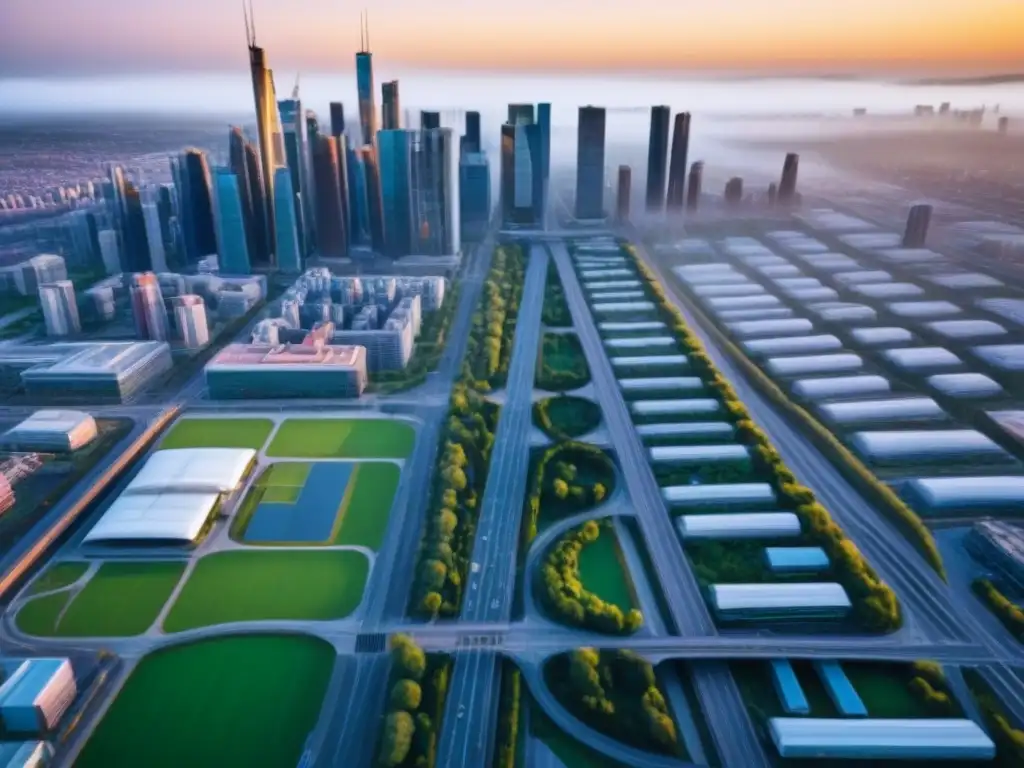 Metrópolis postindustrial: arquitectura moderna y sostenible Vista aérea de una ciudad postindustrial próspera con rascacielos, espacios verdes y transporte público eficiente, ideal para inversiones inmobiliarias en ciudades postindustriales