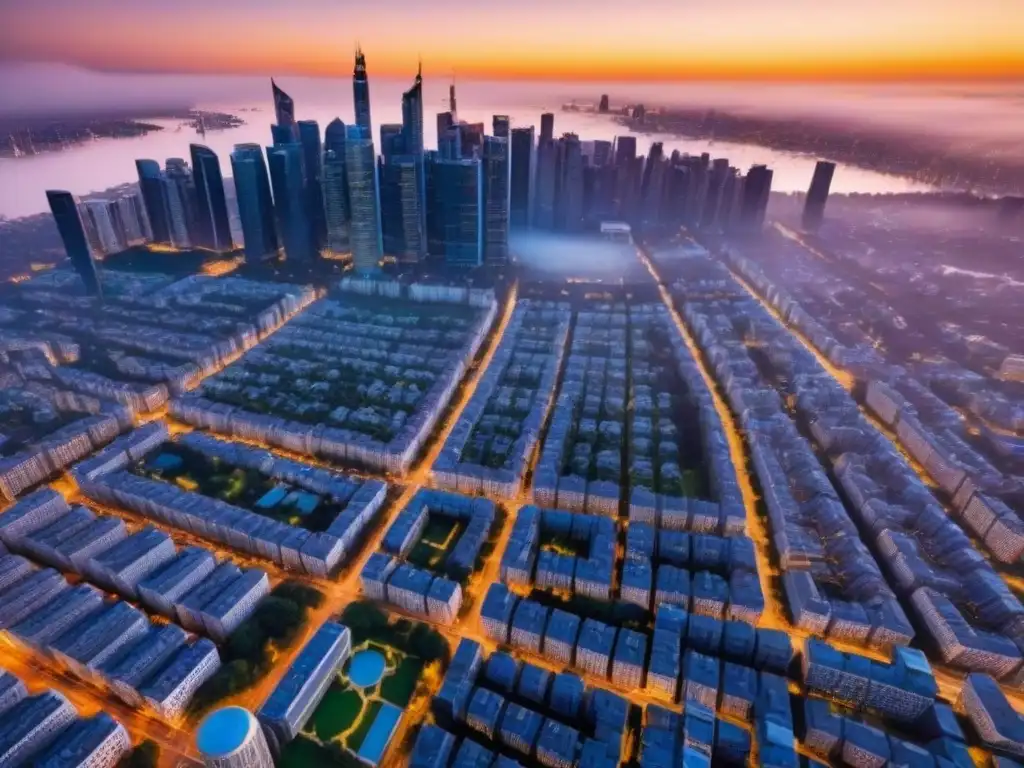 Vista aérea impactante de ciudad vibrante al atardecer Vista aérea de una ciudad con propiedades subvaluadas en el mercado inmobiliario al atardecer