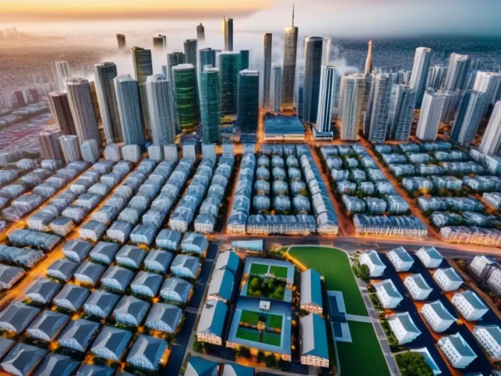 Transformación urbana: impacto demográfico del envejecimiento en bienes raíces Vista aérea de una ciudad con rascacielos modernos y detalles que reflejan el envejecimiento poblacional, ilustrando la evolución de los mercados inmobiliarios emergentes en el contexto del envejecimiento de la población