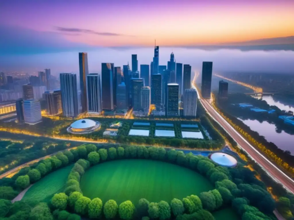 Horizonte urbano al atardecer: luces y naturaleza en armonía Vista aérea de una ciudad al anochecer con rascacielos iluminados y parque, simbolizando inversiones inmobiliarias en mercados estables