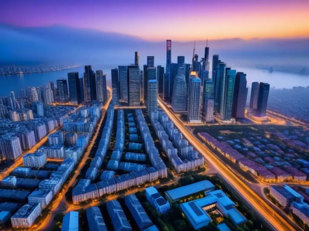 Horizonte urbano al atardecer: mercado inmobiliario en auge Vista aérea de ciudad al anochecer, con rascacielos iluminados, simbolizando el crecimiento del mercado inmobiliario postfusión