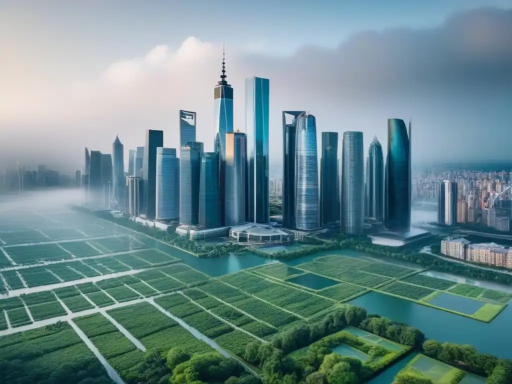 Metropolis financiera: impacto de fusiones en propiedades Vista aérea de una ciudad con rascacielos modernos y pantallas digitales de bolsa, rodeada de parques verdes
