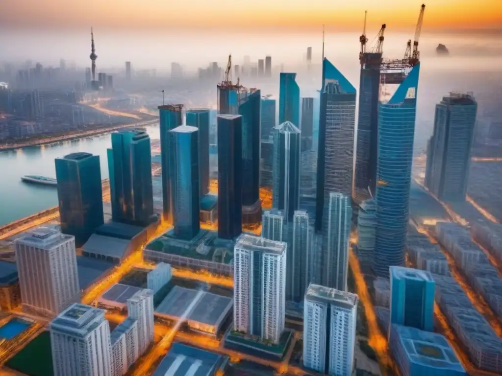 Horizonte urbano dinámico: crecimiento inmobiliario y fusiones en el sector Vista aérea de una ciudad con rascacielos modernos y en construcción, reflejando un mercado inmobiliario dinámico y el potencial de crecimiento a través de estrategias de inversión inmobiliaria internacional